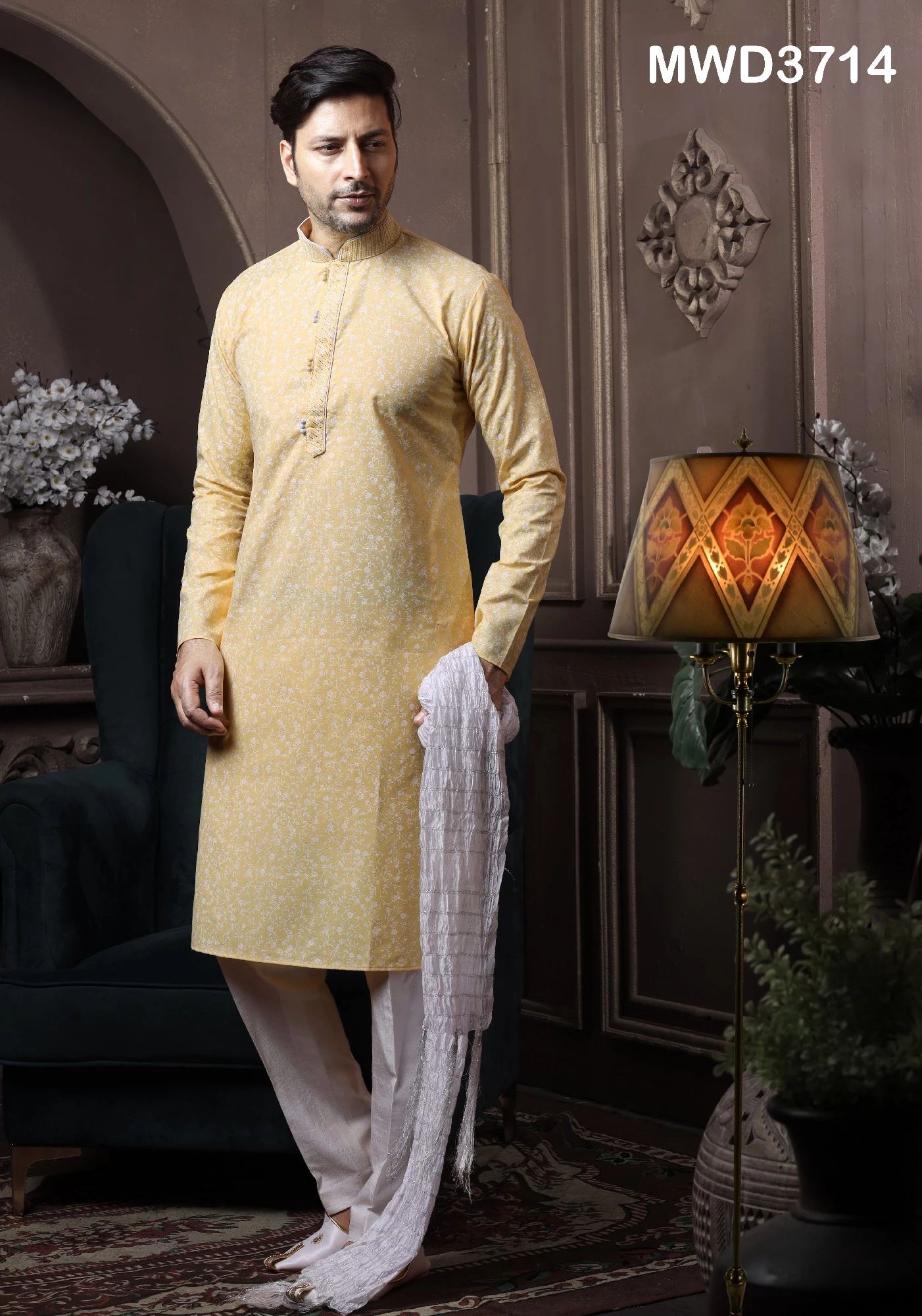 Yellow Cotton Floral Printed Kurta Pajama Set, 36-1.webp